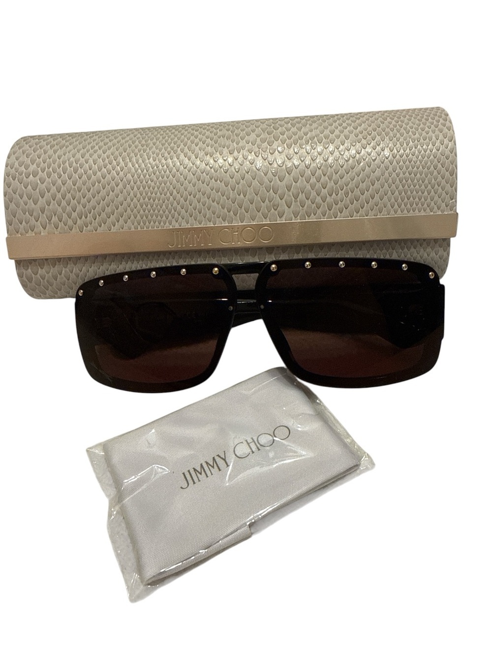 Jimmy Choo Oversized Leopard Studded Square Sunglasses| Case | Cloth
